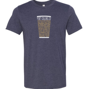 Fort Collins beer t shirt with list of local breweries on navy tee